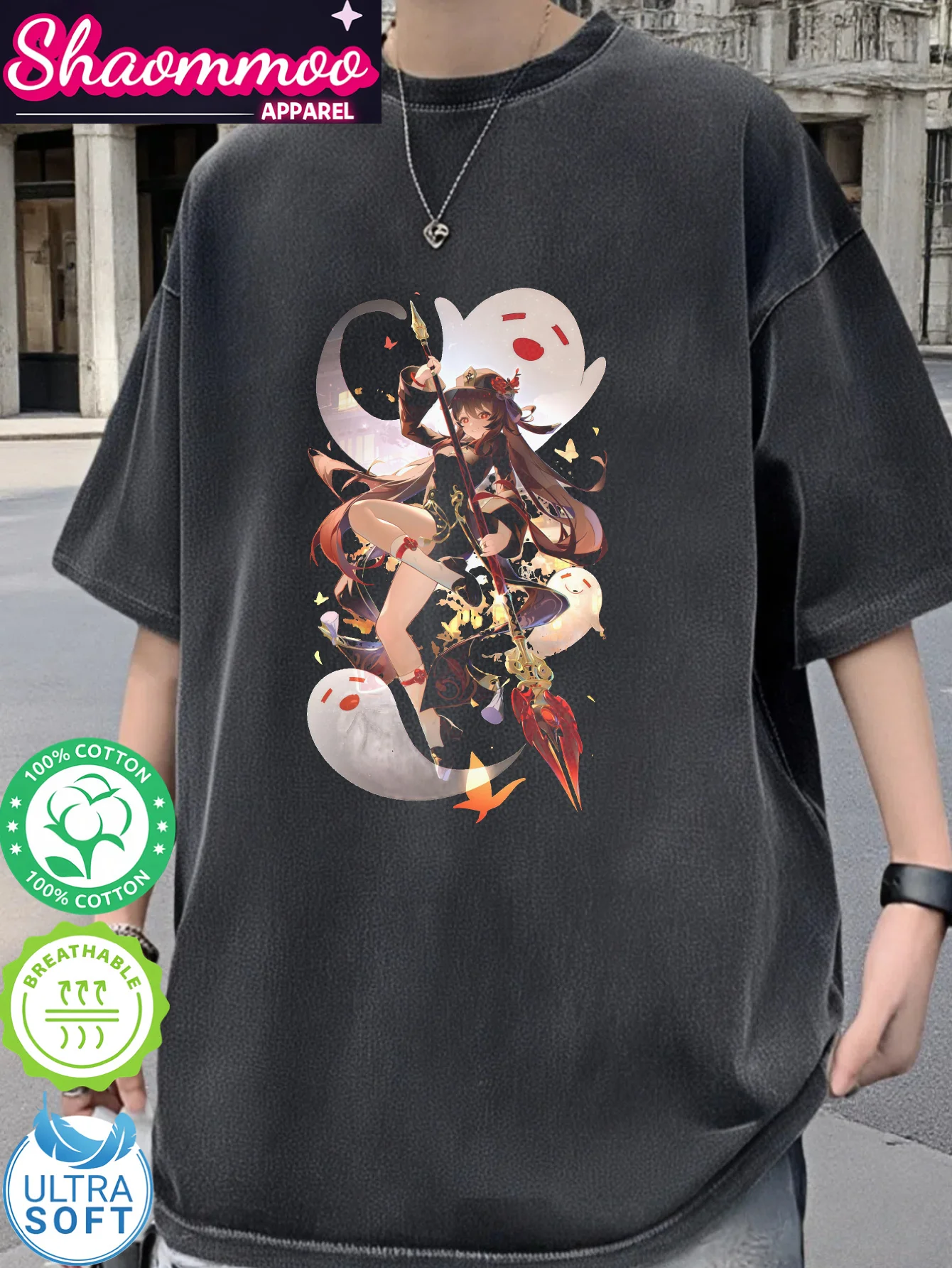 

Hu Tao Genshin Impact Men T Shirt Anime Game Humorous Tees Short Sleeve Crew Neck T-Shirts Cotton Plus Size Tops Harajuku