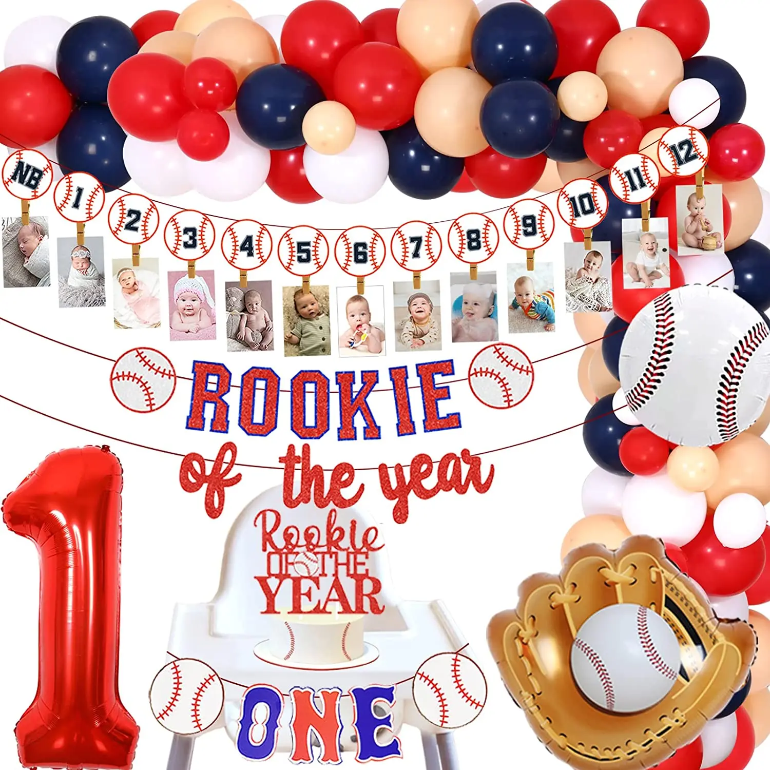 

JOYMEMO 1st Birthday Baseball Decorations Balloon Arch Rookie of The Year 1st Birthday Decoration Baseball Photo Banner for Boys