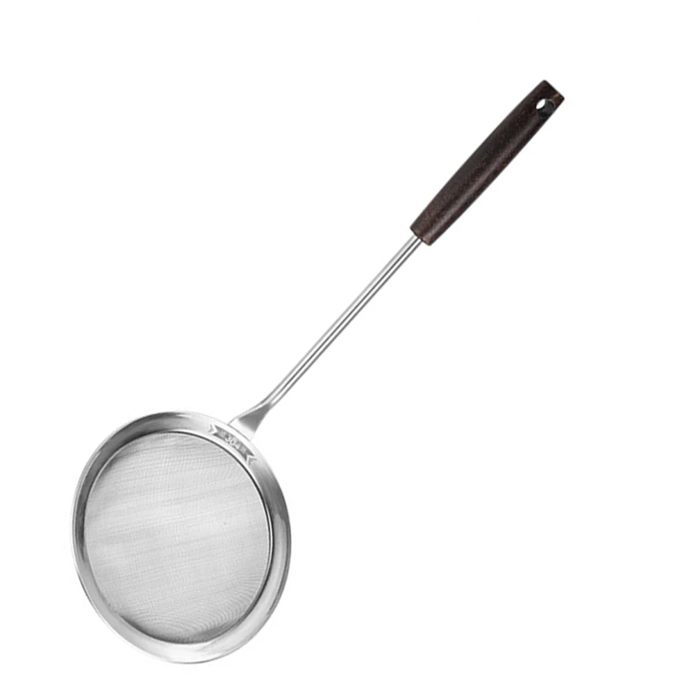 

304 Stainless Steel Oil Filter Scoop Long H Fine Mesh Strainer 10CM Wood Grip Kitchen Tool Mesh Spoon Skimmer Food