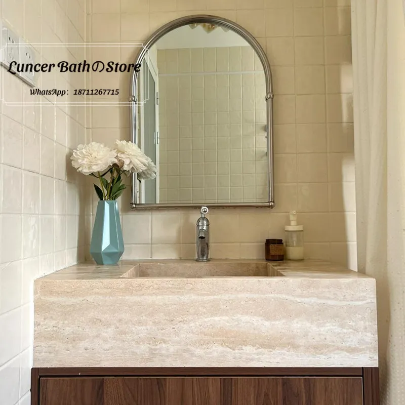Mid-century Travertine Vanity Set with Marble Undermount Sink