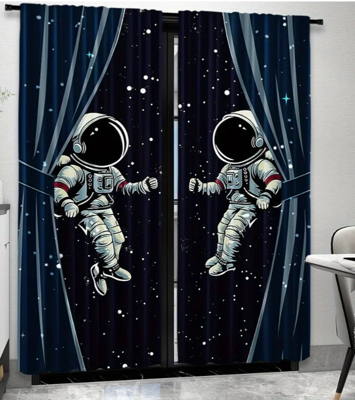 2pcs Astronaut Space Curtains Spaceman Galaxy Stars Window Drapes Outer Space Art Decor Kids Room Living Room Bedroom