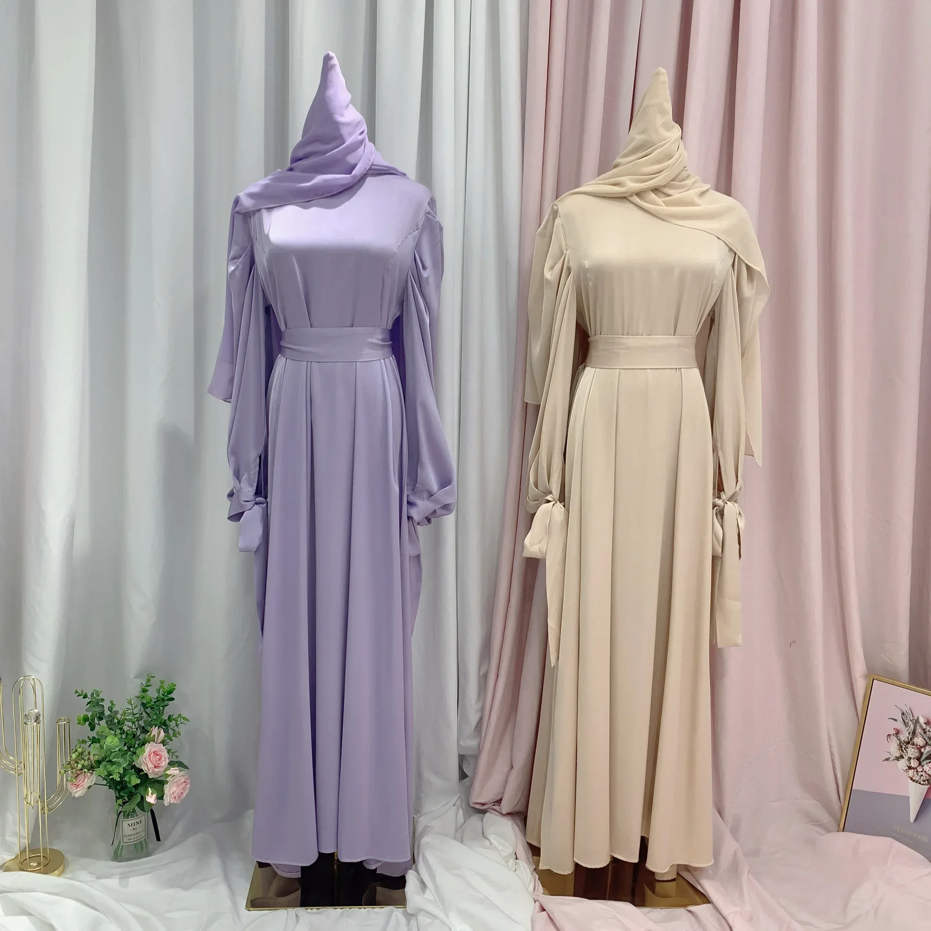 Vestido musulmán de satén para mujer, Hijab árabe plisado, Dubai Abaya, manga globo con cinta Eid, vestidos turcos de noche