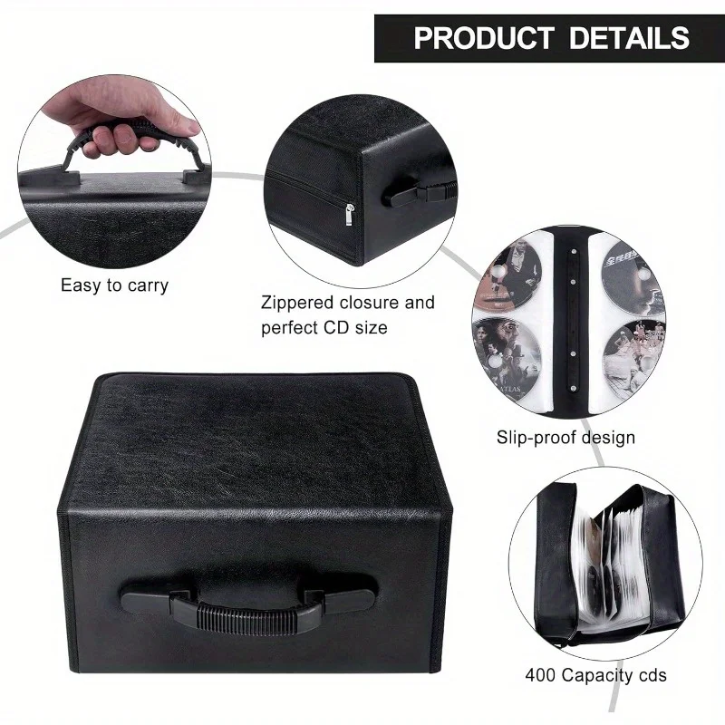 Premium Black Leather CD/DVD Storage Organizer Case with 400 Capacity, Portable and Durable, High Capacity CD Holder