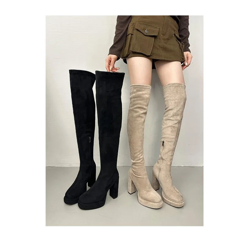 

Block Heel Low Heel Boots 2025 Autumn and Winter New Leopard Print Over-the-Knee Boots High Side Zipper Skinny Elastic Women