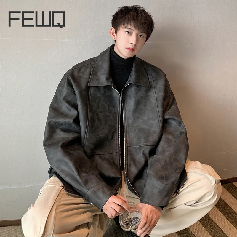 

FEWQ Oversize Loose Tie Dye Autumn Winter Men's PU Leather Jacket 2024 Solid Color Turn-down Collar Male Tops Fashion 24E2640