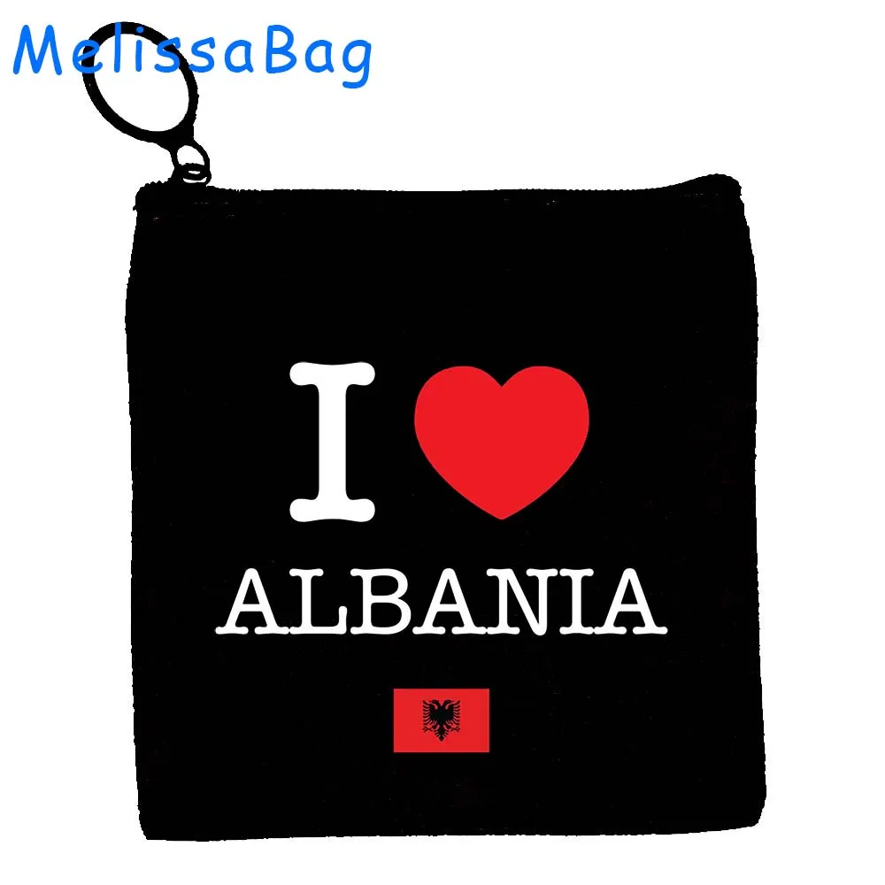 Tirana Berat Albania Country Map Flag Heart Gift Canvas Coin Purse Canvas Bag Small Square Key Bag Storage Card Bag Zipper Pouch