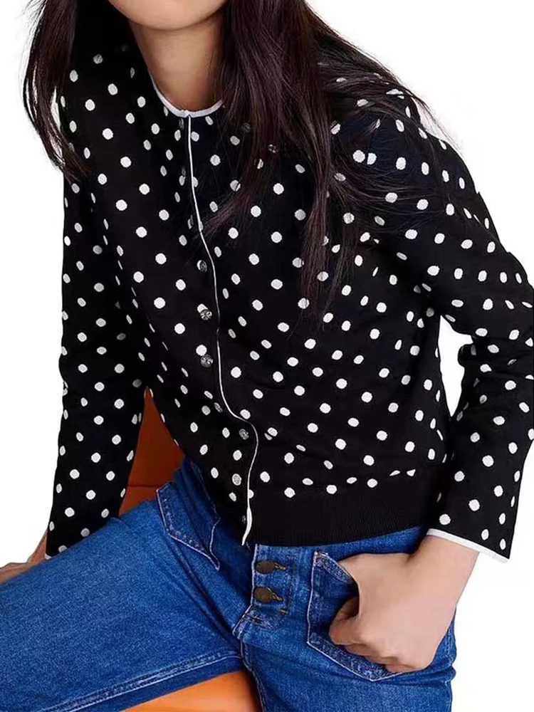 2024 Frühherbst neue Mode Black Dot Print Strickjacke Frauen Langarm Einreiher Rundhals Pullover Mantel Damen