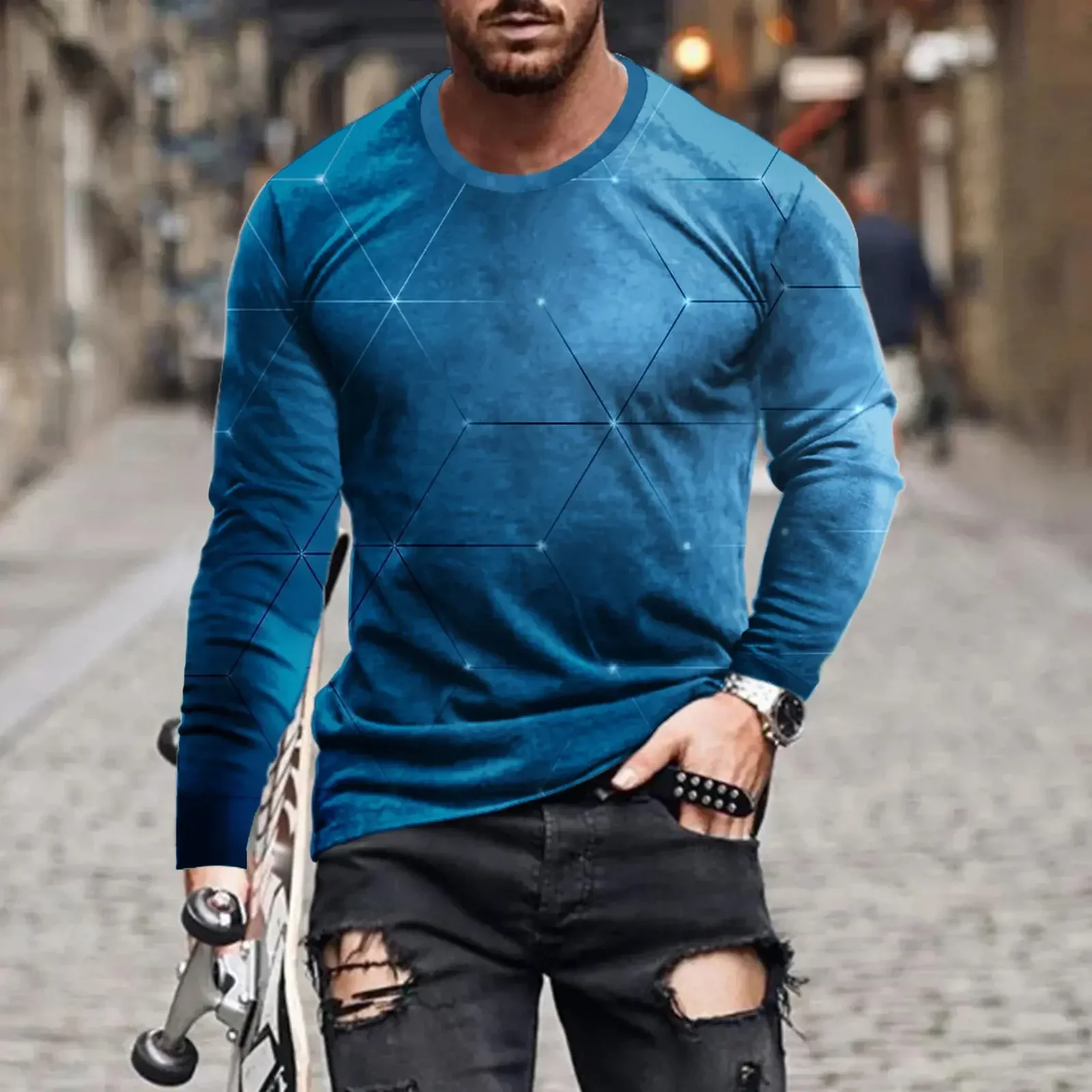 Vintage Simple Solid 3d Print Summer Men\'s Round Neck T-shirt Casual Long Sleeve Oversized Pullover Fashion Men Clothing 2024