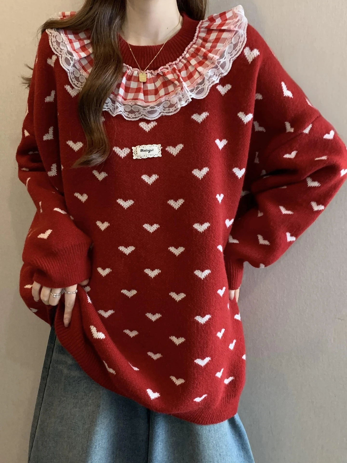 

Red Lace Trim Heart aped Knitted Sweater Women's Autumn Winter plus Size Comfortable mid Length Commute Sle Warmth Guaran...