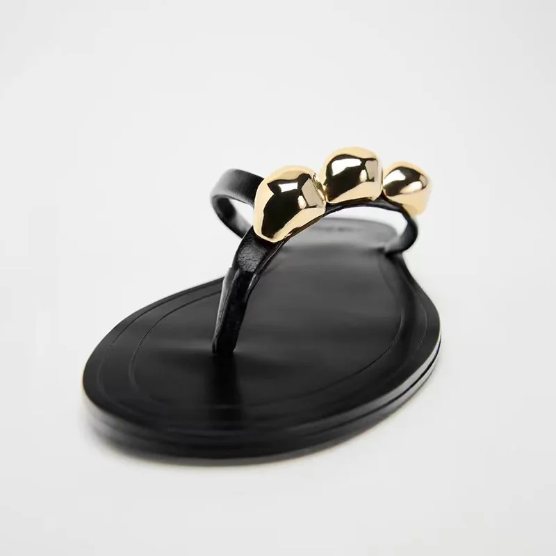TRAF Women Black Flip Flop Flat Slippers Outdoor Summer Metal Decoration Leisure Sandals Round Head Pinch Toe Shoes For Woman