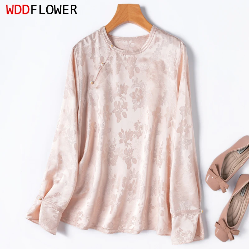 

Женская шелковая рубашка из 100% тутового шелка 20 Momme, розовый жаккардовый шелк, топ с длинными рукавами в китайском стиле, блузка, пуловер M L XL M1436