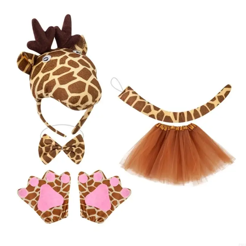 P88A Animal Giraffe kostuumset voor kinderen meisjes giraf oren hoofdband bowtie tutu rok giraf staart voor Halloween