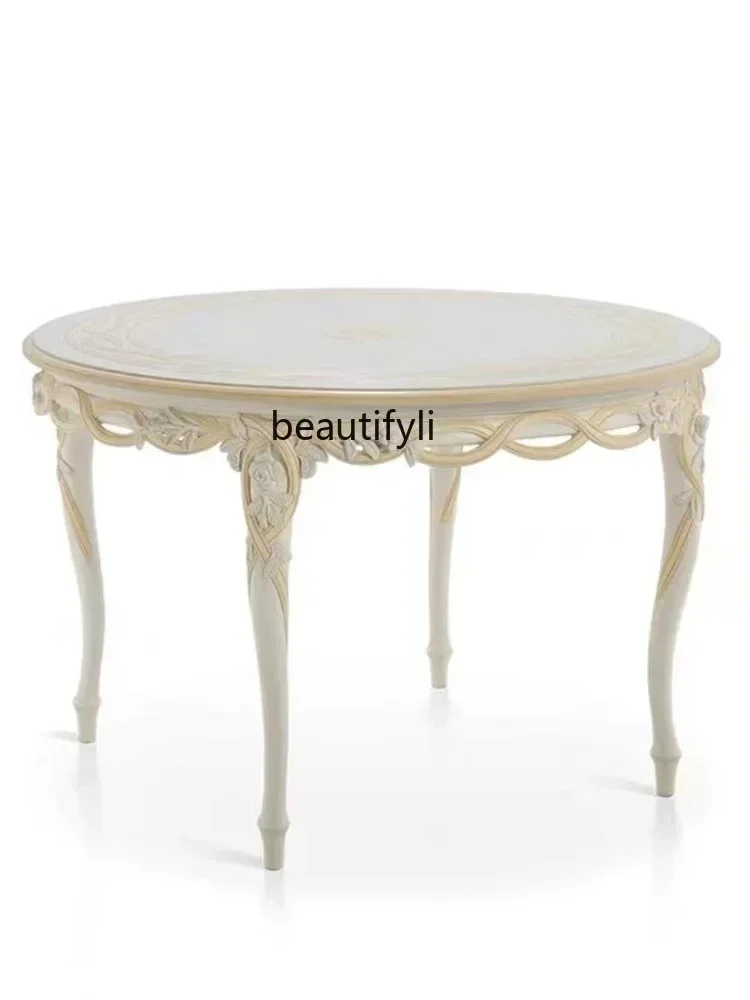 

French Light Luxury Solid Wood Carving Flower Dining Table And Chair Combination Retro Luxury Round Dining Table European St