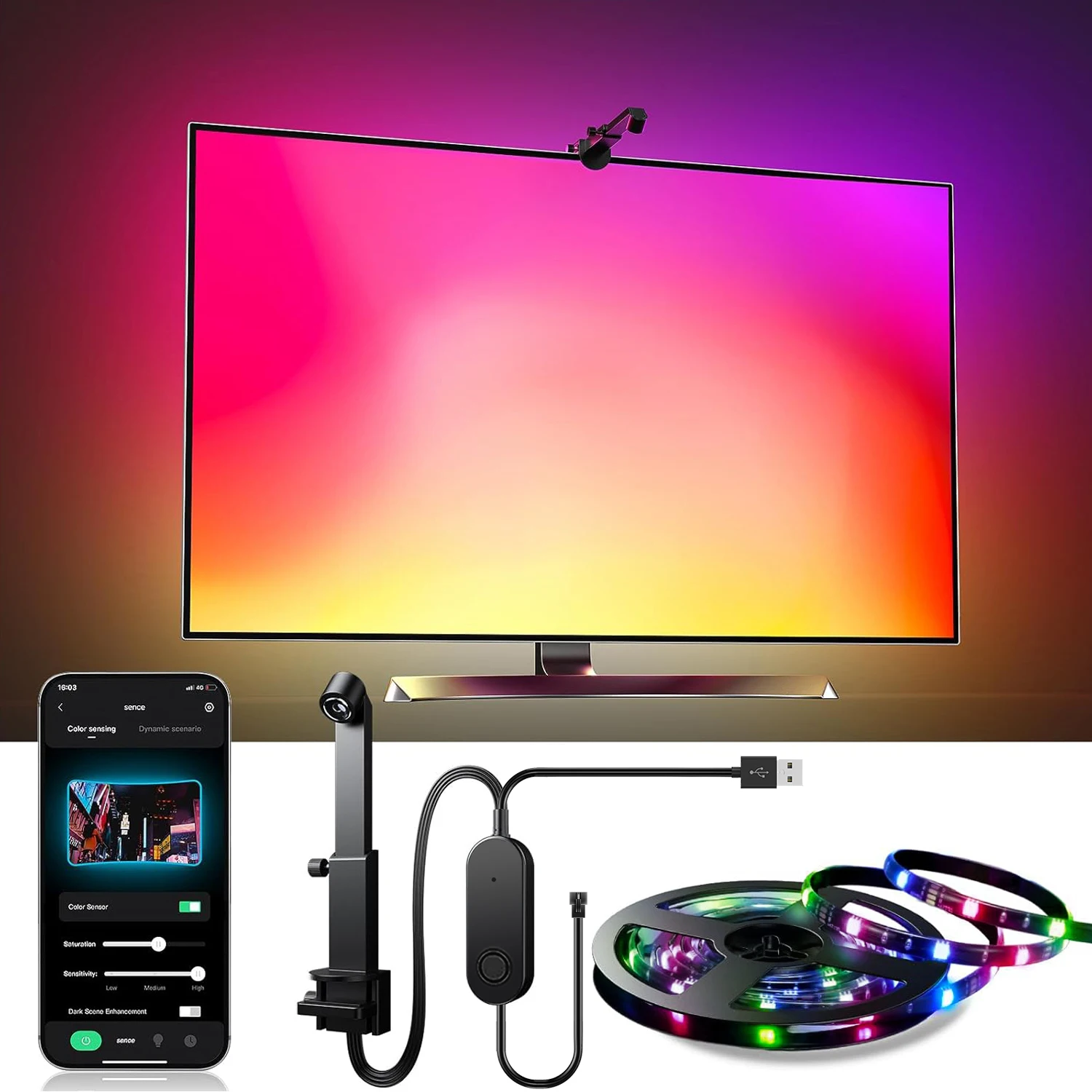 RGBIC TV backlight,AR color gamut sensor can capture part of the color on the screen,12.5FT(55-65 TV),16.4FT(65-85 TV),USB power