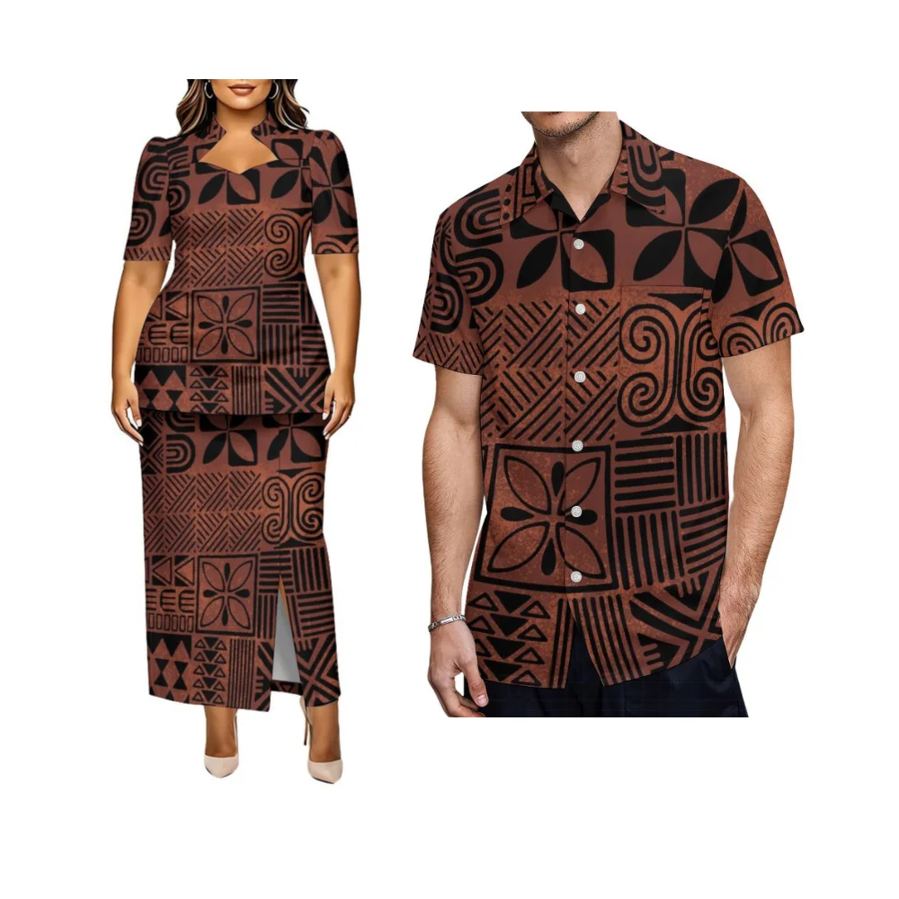 Comfortable And Soft Fabric Customizable Couple'S Outfit Polynesian Woman'S Puletasi Suit Skirt Men'S Short-Sleeved Shirt