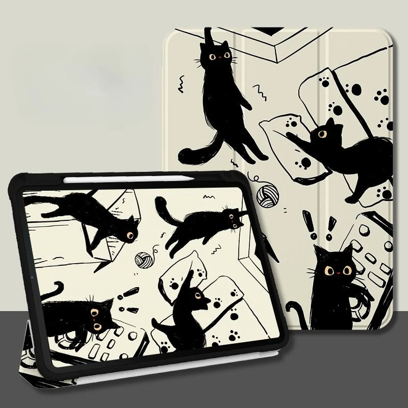 Creative Cartoon Cat Cover Pencil Holder Funda for IPad Air 6 Case IPad 10th Air 4/5th 10.9 Pro 11 2024 IPad 10.2 7th 9th 8th