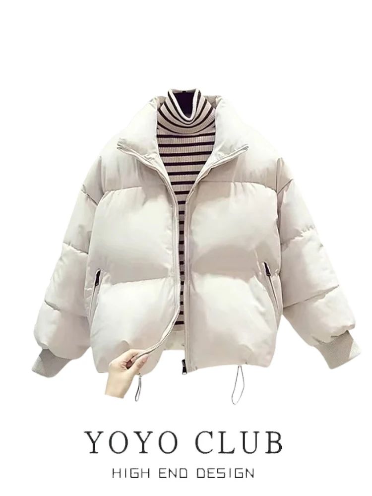 

Утепленная хлопковая куртка свободного кроя для женщин, укороченная модель с воротником-стойкой, пуховик-буханка, зимняя верхняя одежда на молнии для повседневной носки