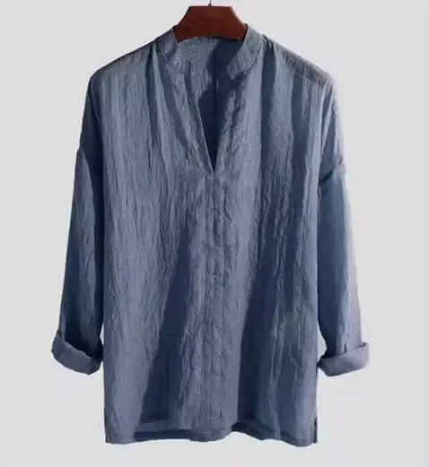 Europe and America Men Casual Shirts Cotton Linen Shirt Long Sleeve Fashion Personality Cotton and Linen Solid Color Long Sleeve