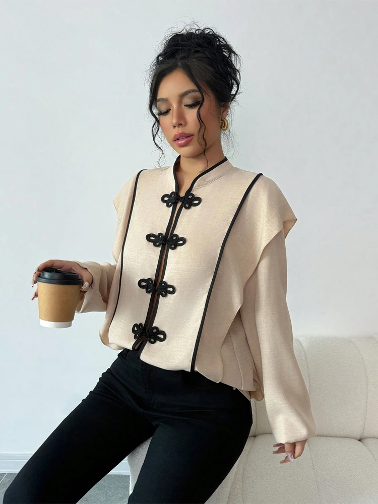 

Women Casual Knot Button Blouse Fashion Solid V Collar Dull Sleeve Contrast Trim Oversized Shirt Chic 2026 Lady Street Daily Top
