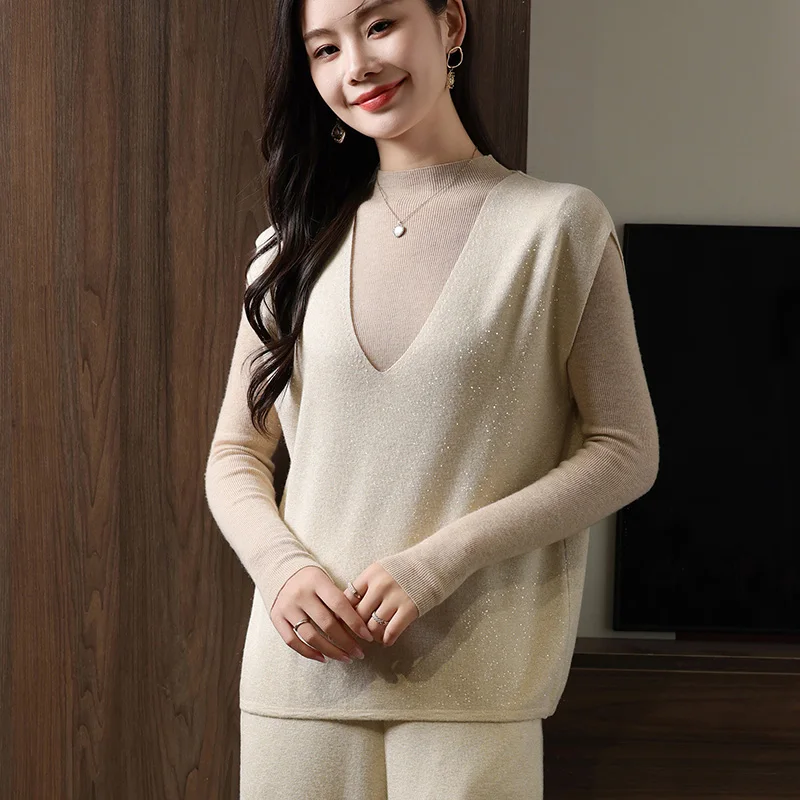 

Spring and Autumn Worsted Bright Silk V-neck Wool Knitted Vest Women's Loose Outer Jacket Sleeveless Vest Bottoming Shirt