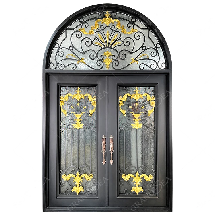 Best Top Arched Exterior Anti Rust Cast Wrought Iron Door Gate With Art Glass For Villa Front Entry Door
