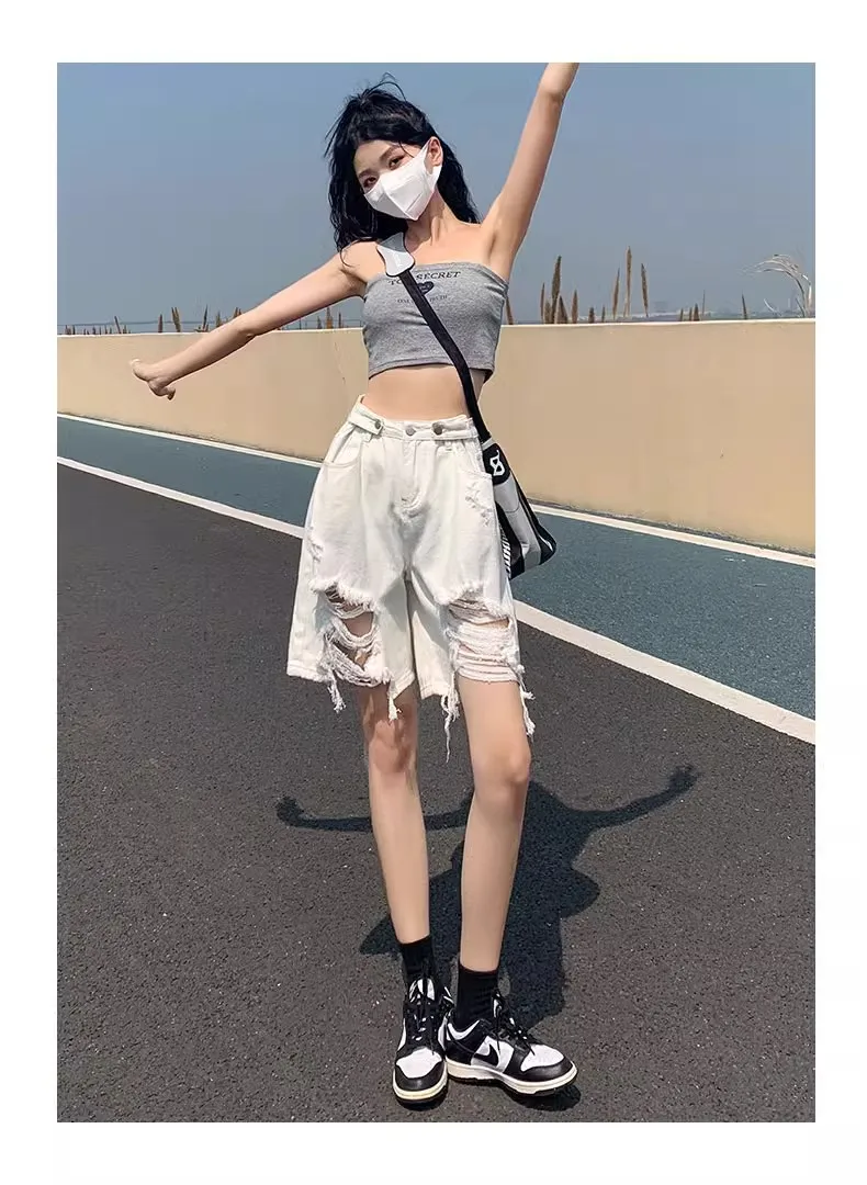 

Extra Large 300 Pou Ripped Denim orts Men Summer INS Design Wide Leg Five orts Pants American Sle Loose Straight Cut