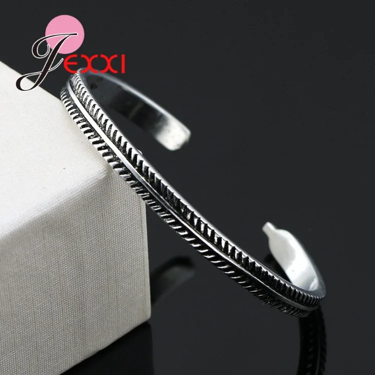 New Trendy Genuine 925 Sterling Silver Color Feather Leaves Imprint Open Bangles For Women Girls Bracelet Luxury Jewelry Bijoux