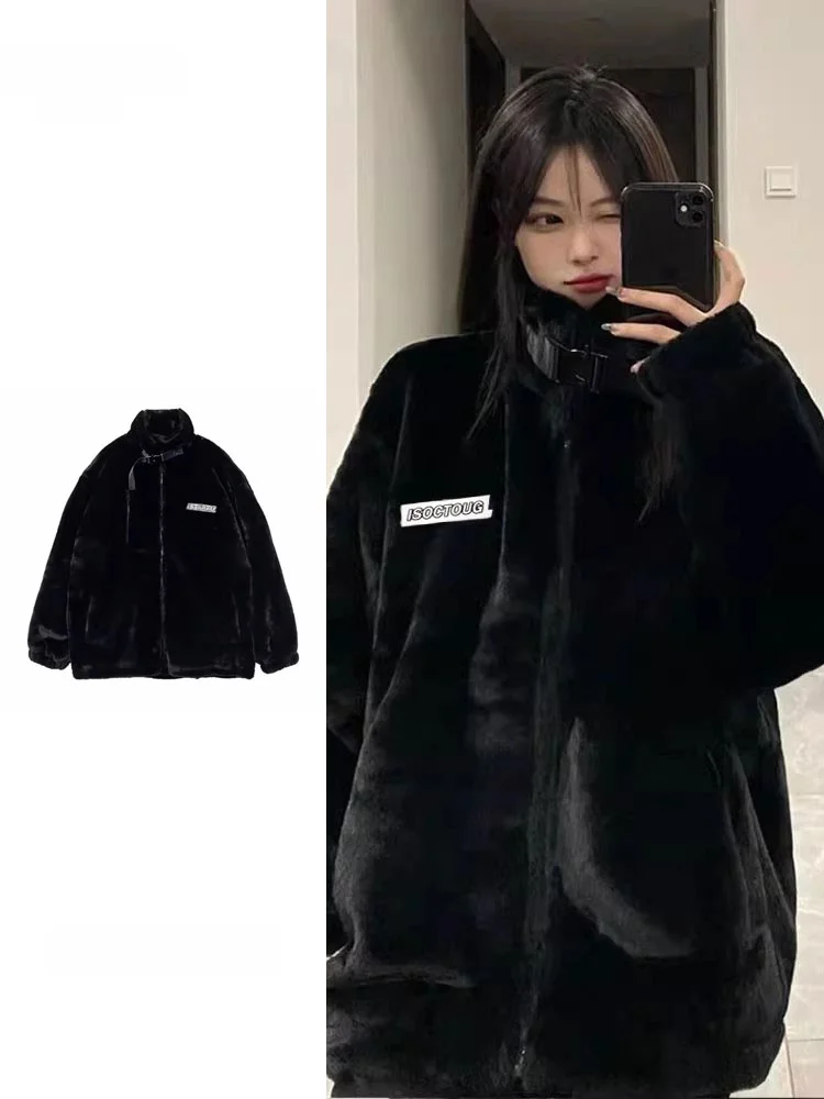 plus Size Women's Black Stand Collar Mink Rabbit Fur Coat Winter New Style Lamb Fur Plush Loose Thickened Coat Korean Style