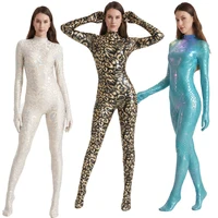 Women Shiny Metallic Leopard Snakeskin Zentai Bodysuit High Stretch Lycra Sexy Cosplay Costume Yoga Swimwear