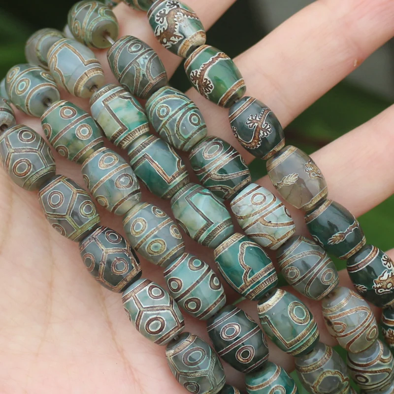 8pcs , Many patterns Natural Green Agate Ancient Tibet Dzi beads 10x14mm , For DIY Jewelry making !