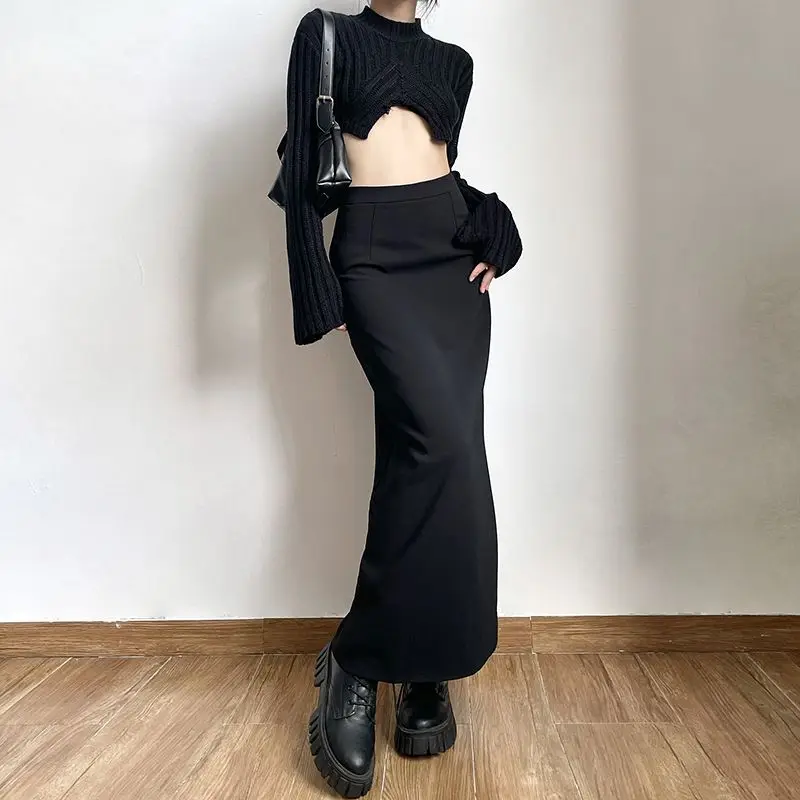 Black Long Skirts Women Elegant Office Lady Chic Leisure High Waist Back-slit Cool Personality Fashionable Autumn Mature Faldas