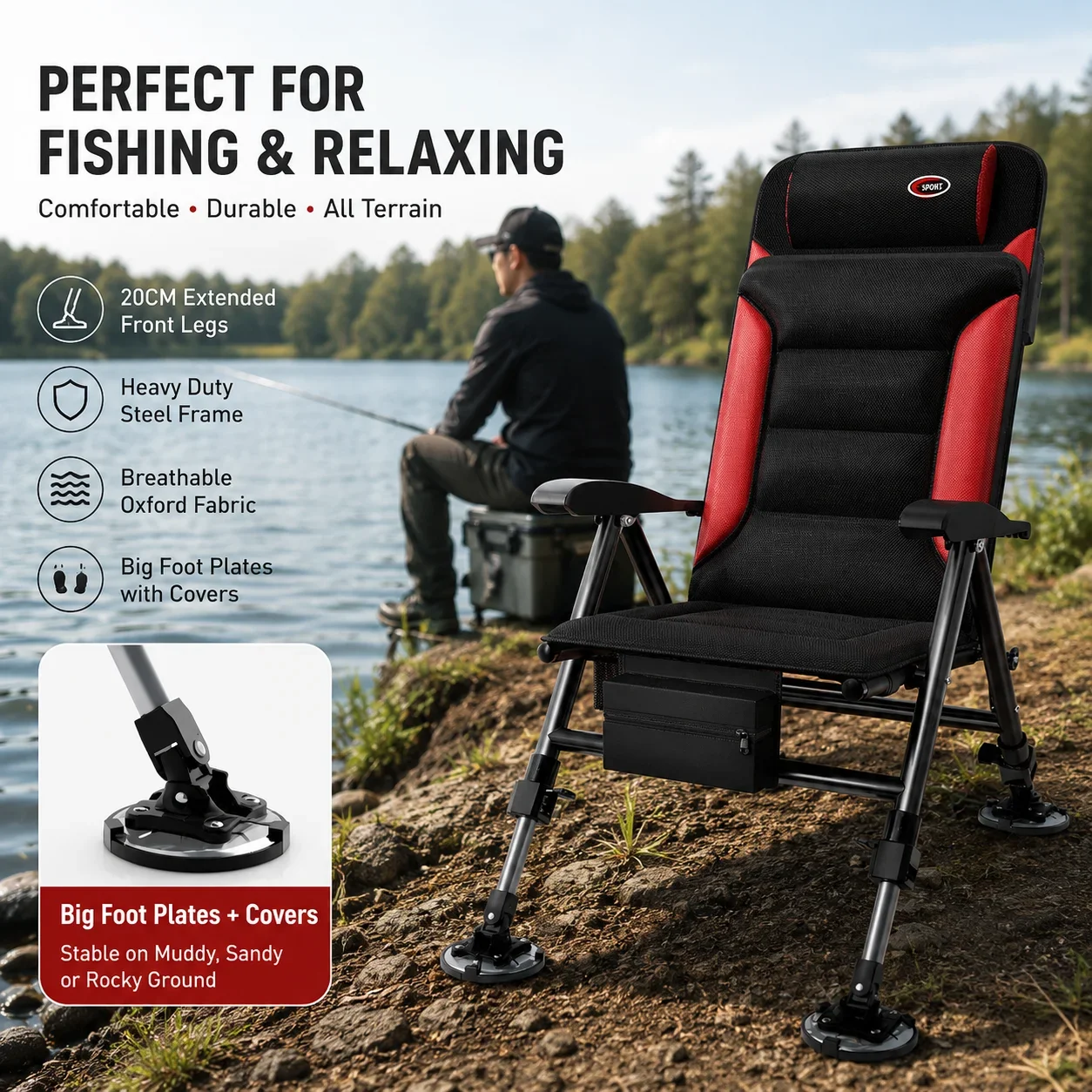Adjustable Folding Fishing Chair Reclining Height  Seat with Removable Cushion Telescopic Legs for Outdoor Angling   