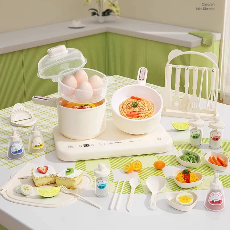 

Dual Burner Smart Pot Mini Kitchen Playset Real Cooking Toy Complete Edible Cookware for Kids Children's Day Gift Boys Girls