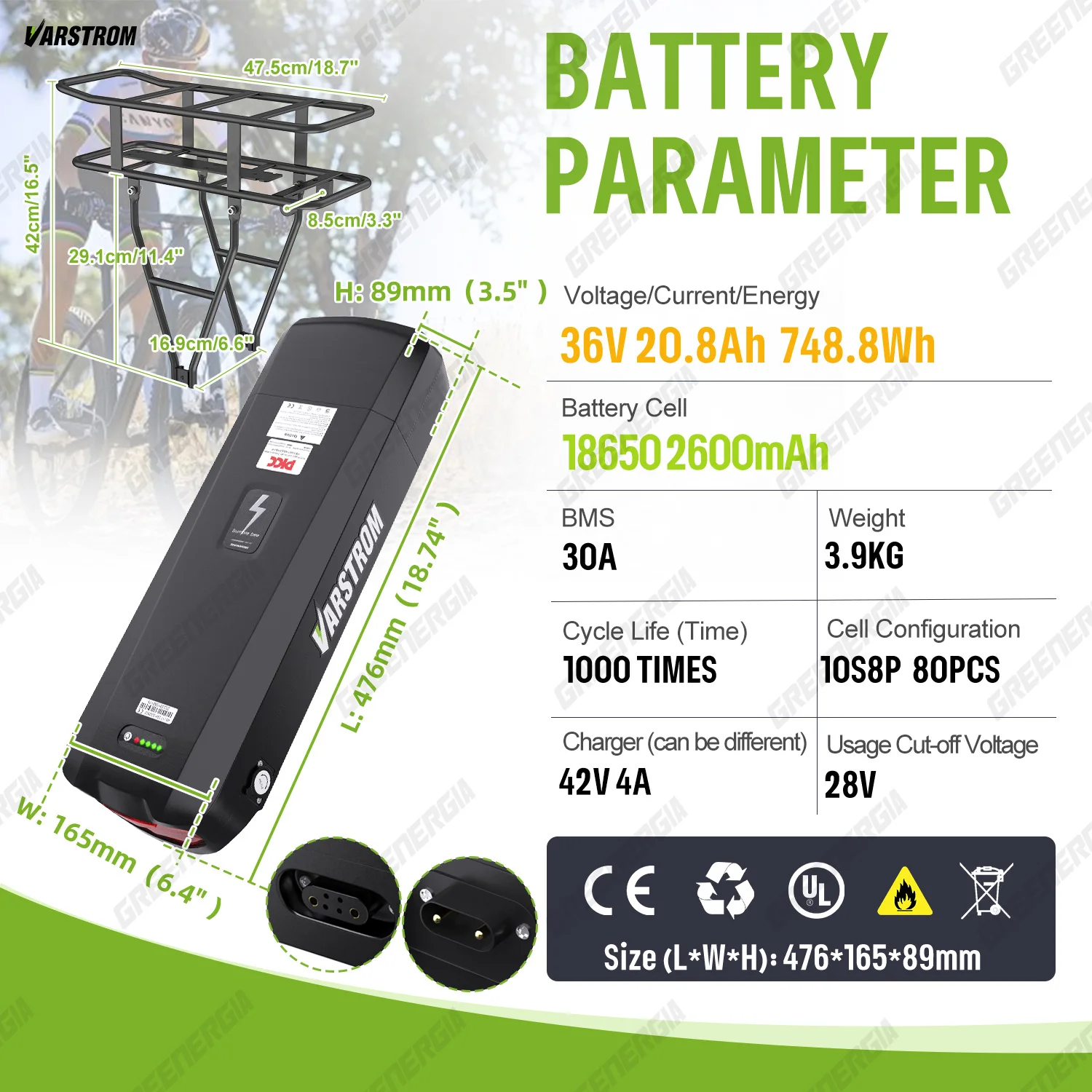 36V 48V 52V Ebike Rear Rack Battery 17.5Ah 20.8Ah 18650 Li-ion Lithium Battery Pack For BAFANG Tongsheng Electric Bike Motor Kit