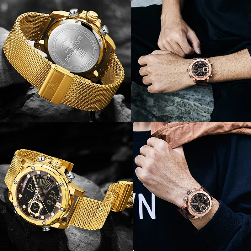 NAVIFORCE – montre-bracelet de sport militaire pour hommes, marque de luxe, double affichage, Quartz, maille acier, étanche