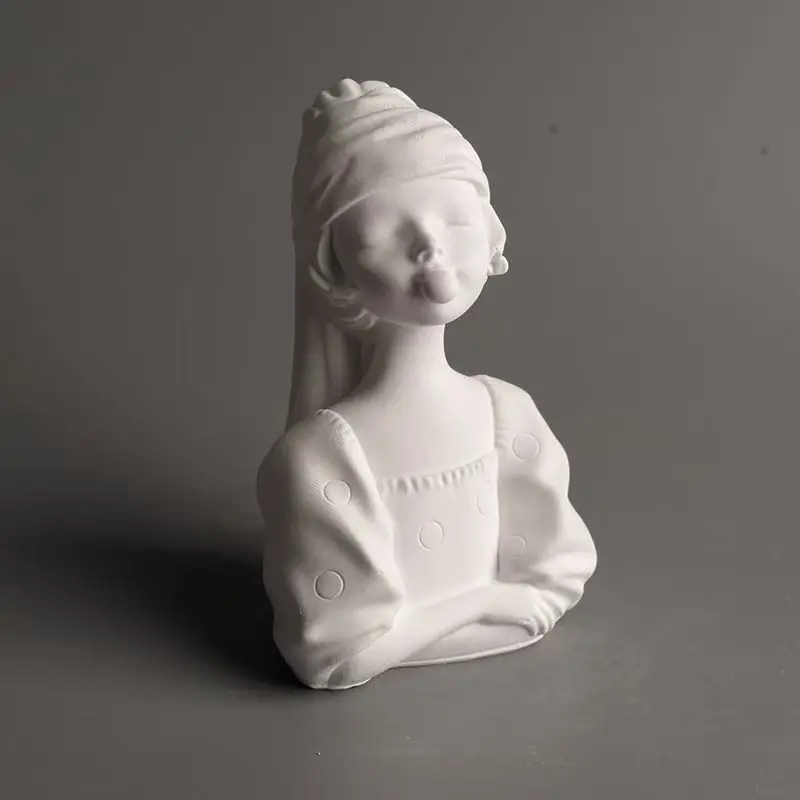 Blowing Bubbles Girl Statue with Hat Hand on Face Plaster Sculpture Home Decor for Living Room TV Cabinet Entrance