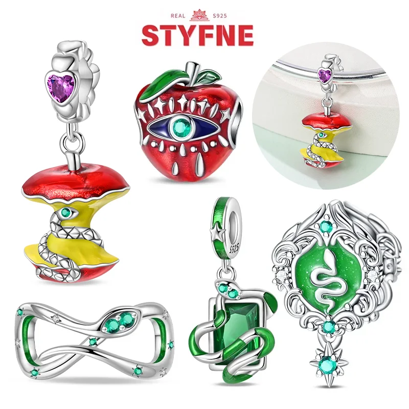 

925 Silver Red Apple Green Spirit Snake Charms Green Zircon Beads Fit Original Bracelets DIY Fine Jewelry for Women Party Gift
