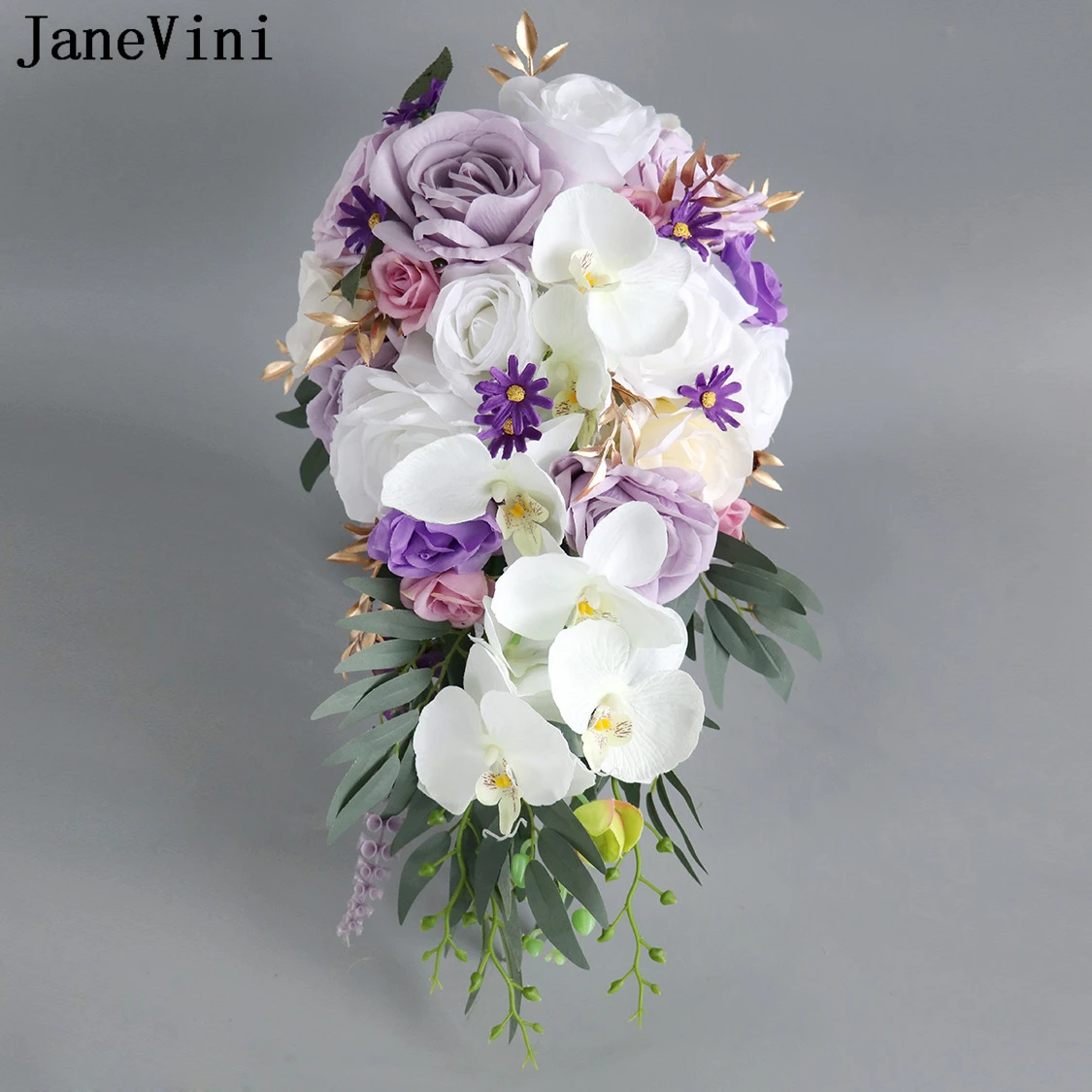 

JaneVini Purple Rose White Butterfly Orchid Waterfall Wedding Bouquet for Bride Artificial Cascading Bridal Holding Flowers Boho