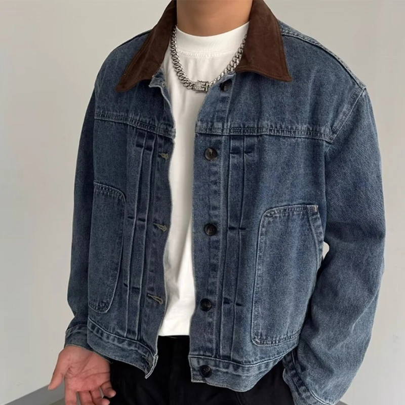 

Мужская джинсовая куртка из вельвета с коротким воротником в японском ленивом, художественном, минималистичном, трендовом новом стиле — универсальный топ в стиле Ins.