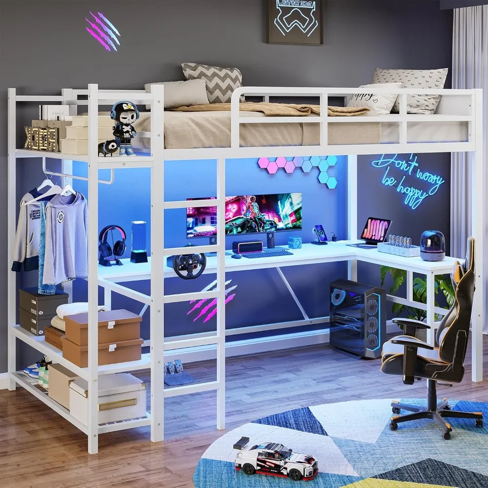 Twin Loft Bed, with L-Shaped Desk, LED Lights and Charging Sation, 3-Tier Storage Shelves and Clothes Rail, Loft Bed Twin Size