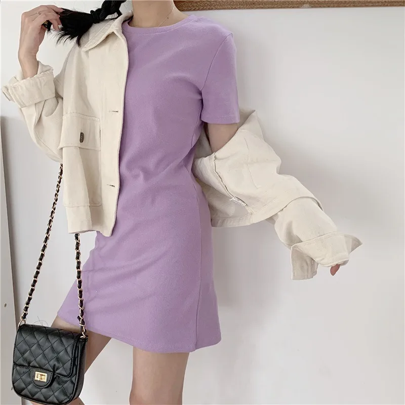 Women Slim-Fit Regular Shoulder T-Shirt Mid-Length Dress Summer Autumn Girls Student Solid Short Sleeve Mid-Length Dress Clothes