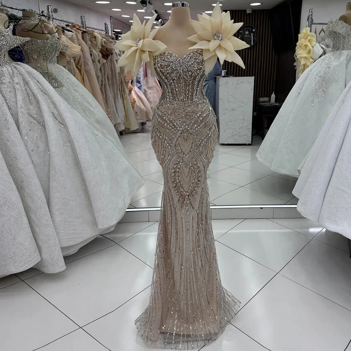 Champagne Evening Gown with Large Floral Accents Rhinestone Strapless Mermaid Dress Sequin Prom Gown Slim Fit Dress Customizable