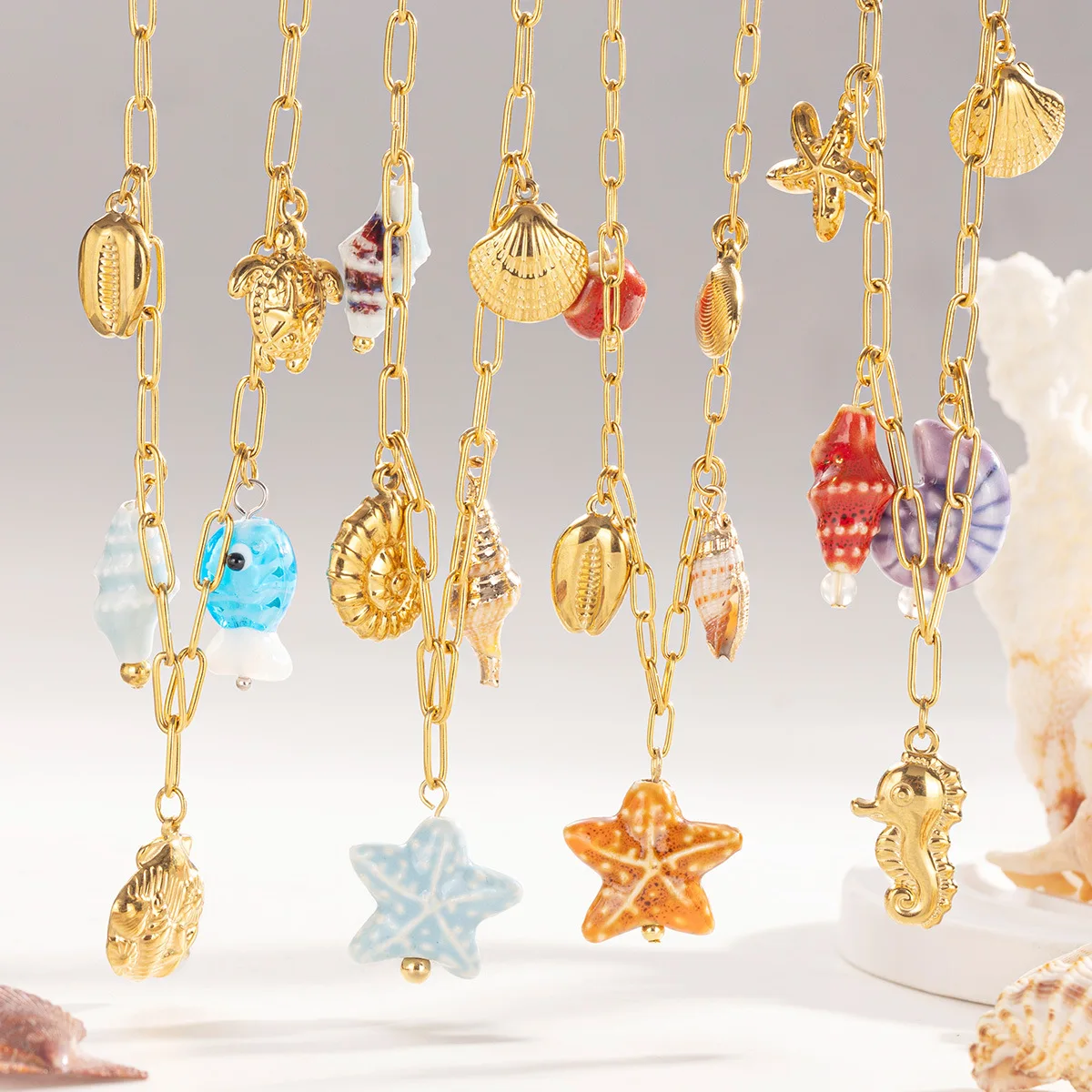 

Bohemia Stainless Steel Starfish Conch Shell Pendant Necklace for Women Summer Beach Holiday Jewelry Charm Pendant Necklace