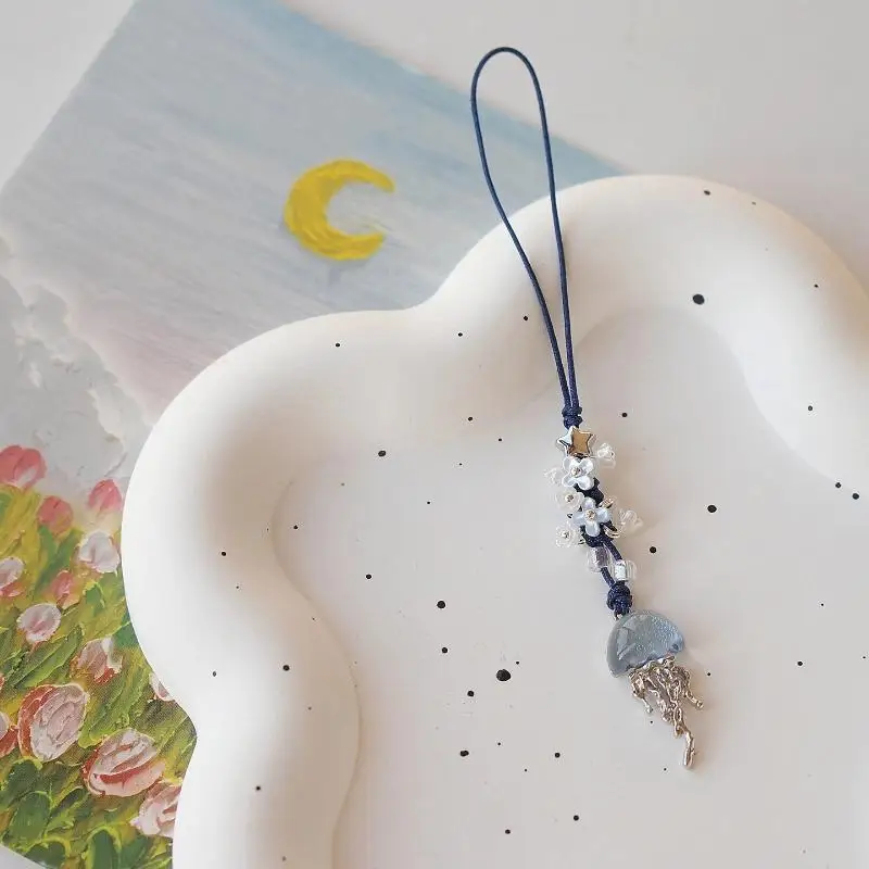 Ozean-Quallen-Perlen-Handyanhänger, handgefertigter blauer Blumen-Kristallanhänger, ästhetischer Taschen-, Kamera- und Schlüsselanhänger – Detail 6