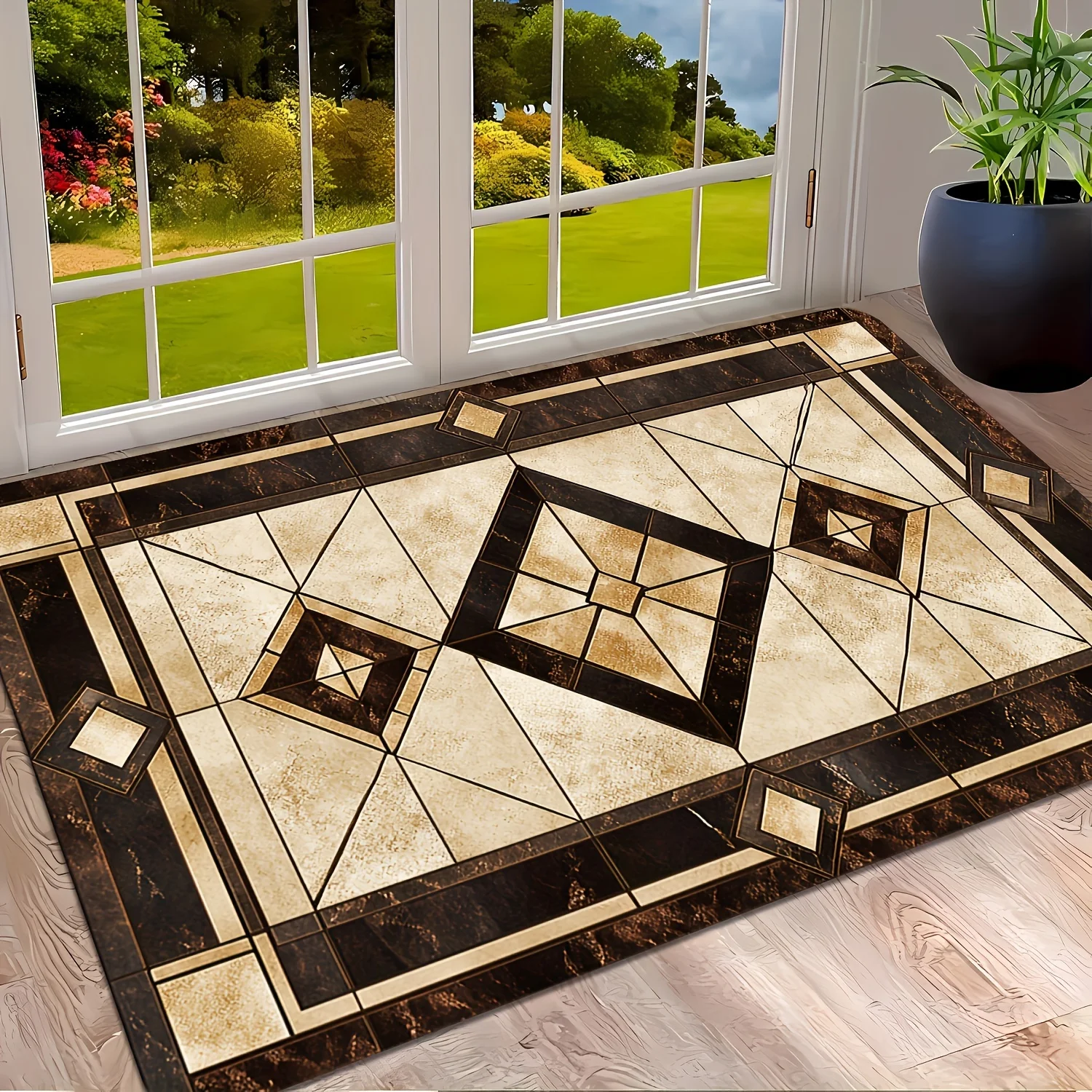 Vintage Marble  Diamond Shaped  Brown Beige Stone Texture Print Non Slip Washable Floor Rug for Living Room Entryway Home Accent