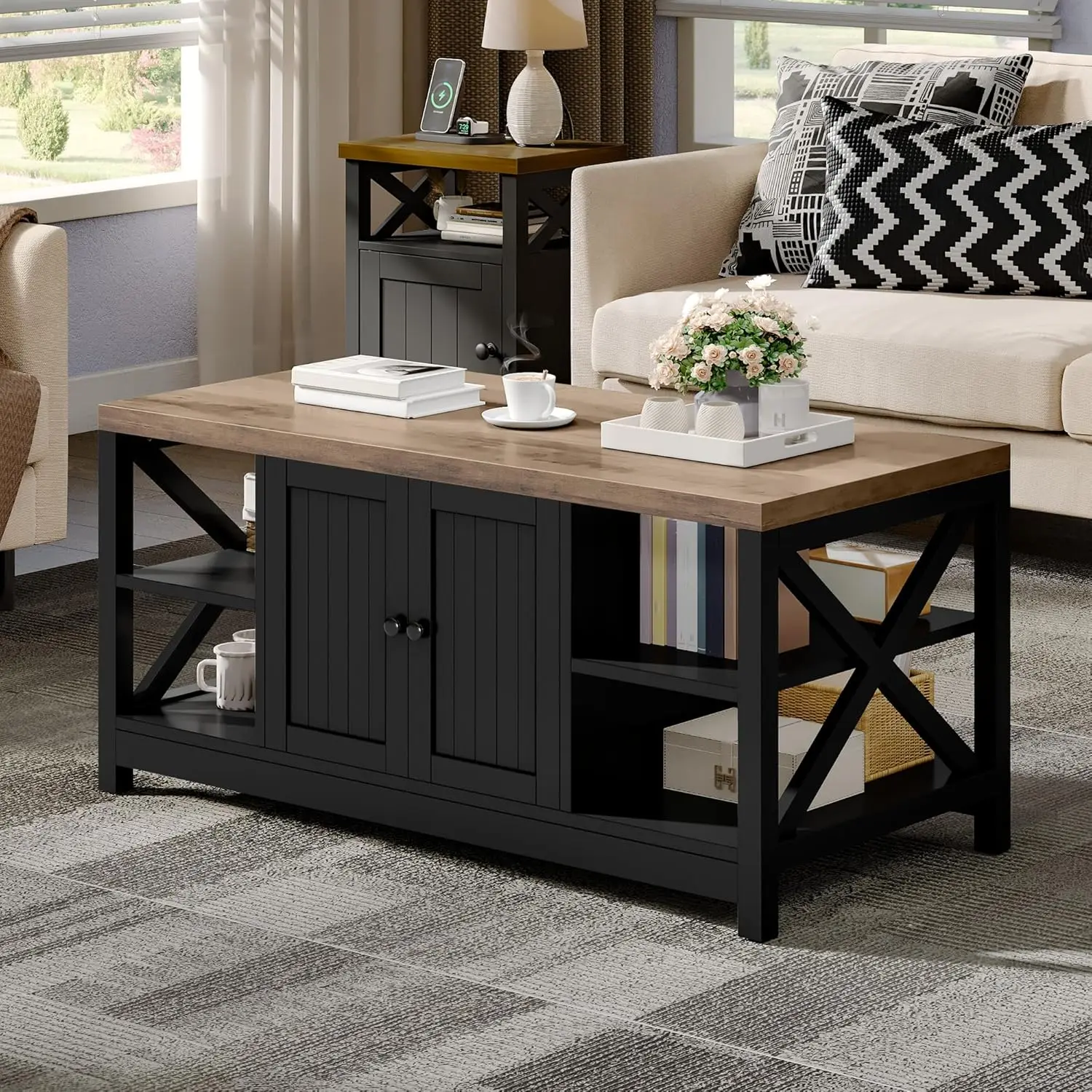 

Black Coffee Table with Cabinet Doors, 2 Tiers Modern Coffee Tables for Living Room with Book Shelves
