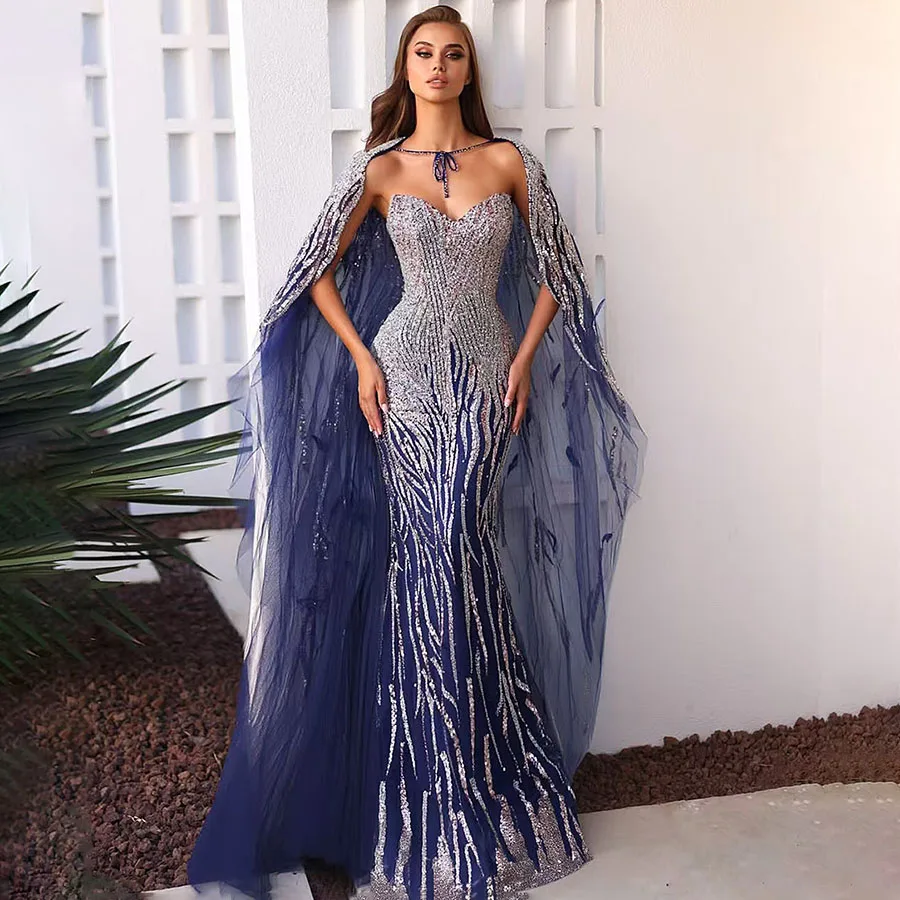 Blue Beaded Party Dresses 2025 Arabic One Shoulder Evening Dress For Women Mermaid Prom Gowns With Detachable Shawl Customize