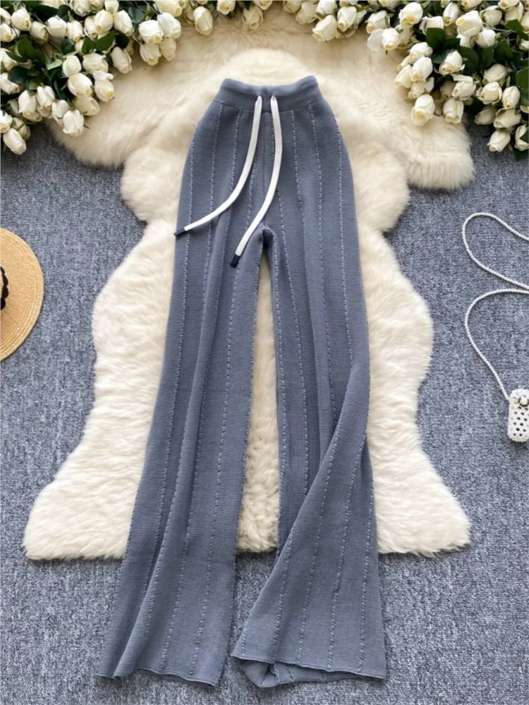 Autumn Women Knitted Drawstring Wide Leg Pants Casual Female Elegant High Waist Street Style Solid Trousers New Fashion