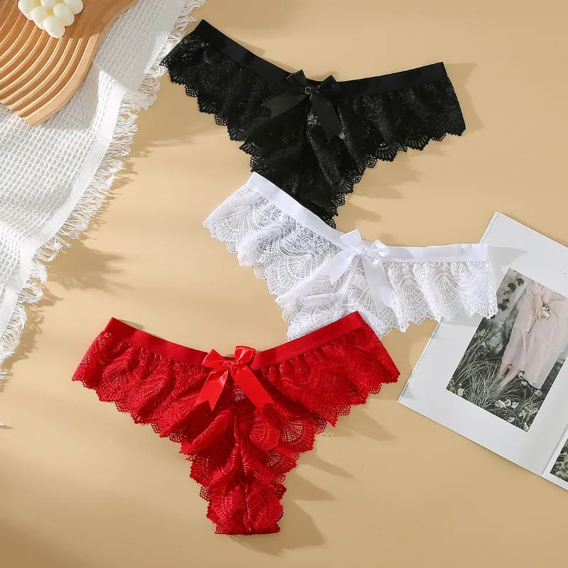 Lace Breathable Women Underwear Sexy Bow Solid Color Thong Embroidered Low Waist Panties Hollow Breathable Summer Soft G-string