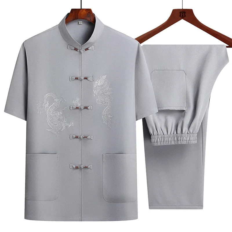 Chinese Silk Dragon Embroidery Retro Tang Suit Kung Fu Tai Chi Clothes Men's Hanfu With Pocket Shirt Bottoming Shirt